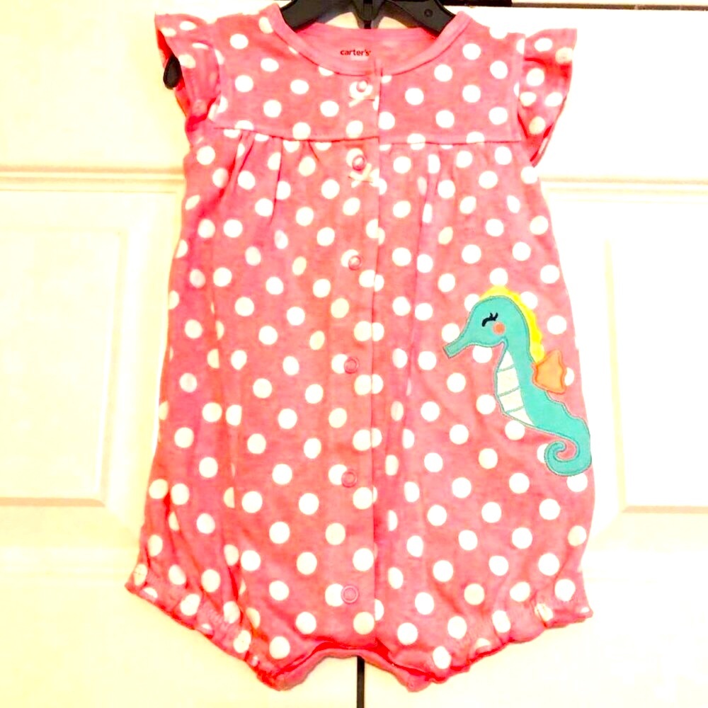 NWT CARTER'S Baby Girl Pink Polka-dot Seahorse Romper Snap-up 1-pc 6MO
